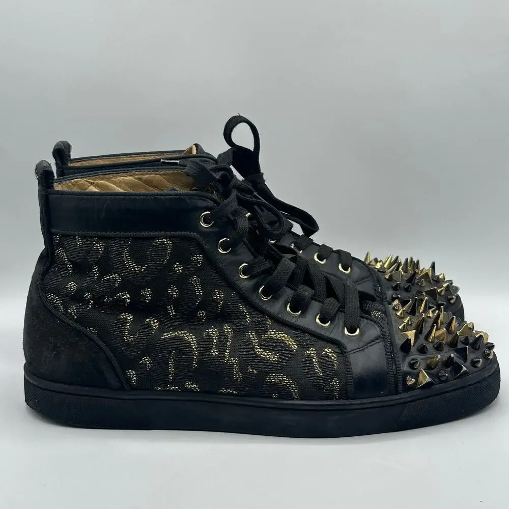 CHRISTIAN LOUBOUTIN Louis High Pik Jacquard Sneaker Black Gold Spike Sz 44/11